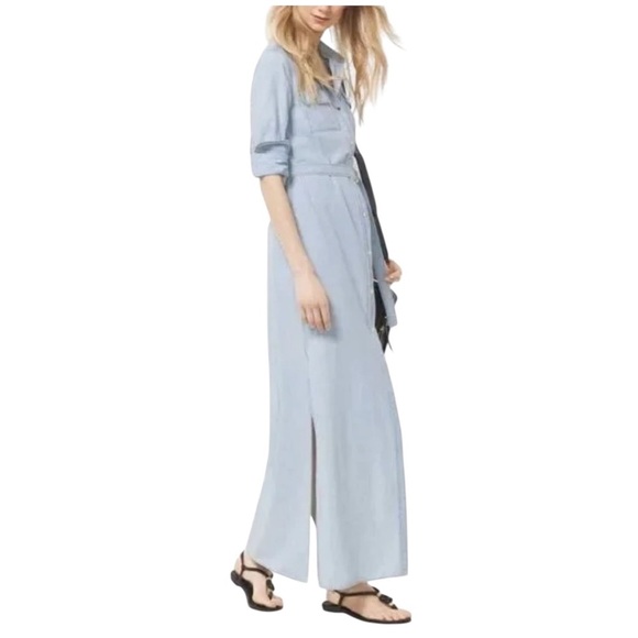 Michael Kors Blue Buttoned Maxi Dress with Polo Collar Western Rodeo Chambray S - Picture 3 of 13